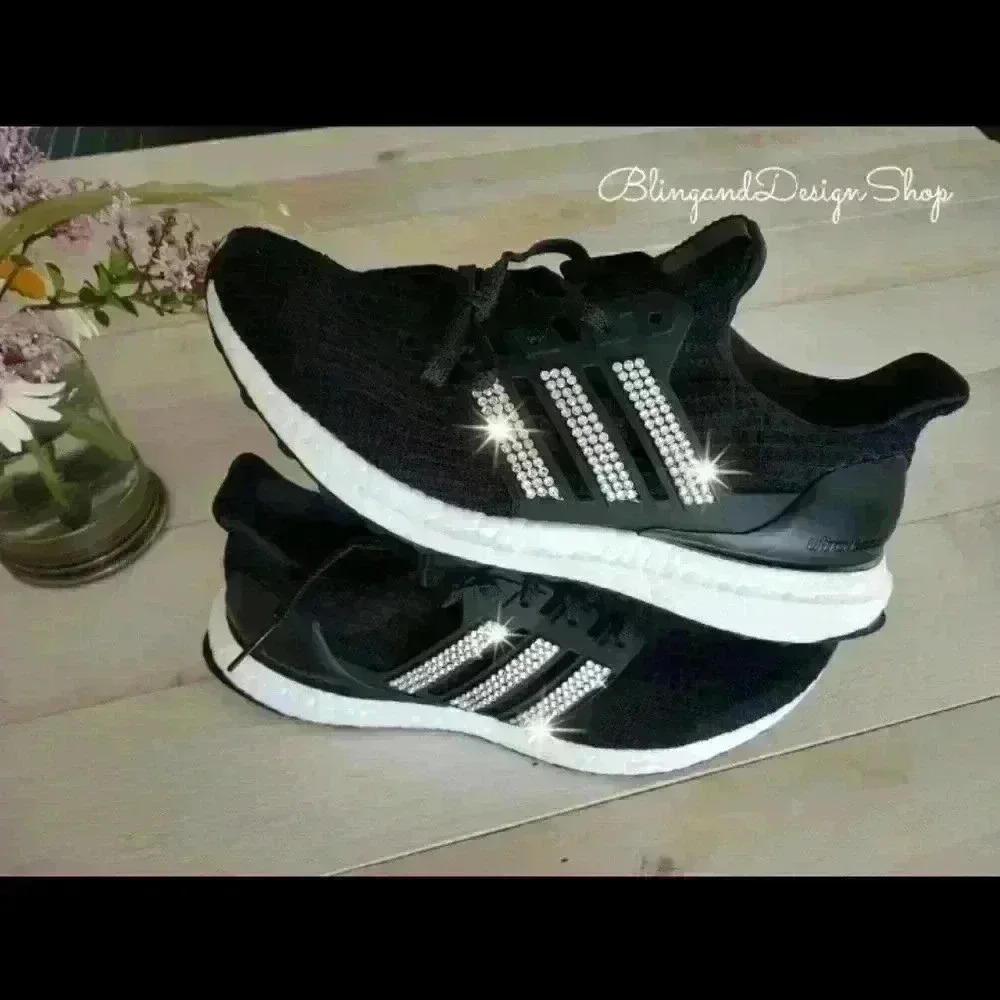 Women's Adidas Ultraboost Black Sneakers Shoes customized with Crystals Bling